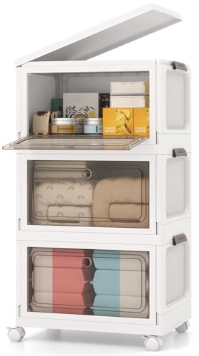 COSTWAY Aufbewahrungsbox mit Deckel faltbar, 105 L Boxen Aufbewahrung, 3er Set Kunststoffbox stapelbar, Aufbewahrungsbehälter mit Rollen & Türen, Stapelboxen Kunststoff, 48 x 34 x 82 cm, Weiß