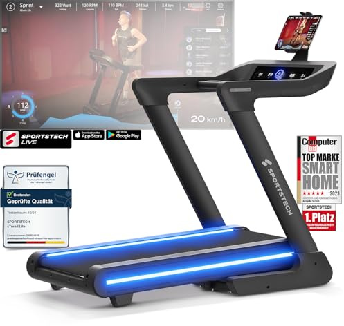 Sportstech sTread Pro/Lite Laufband für Zuhause klappbar – Treadmill bis 20 km/h, 16 % Steigung, Laufband 150kg max., LEDs, APP-kompatibel, leiser 7 PS Motor, extra große Lauffläche