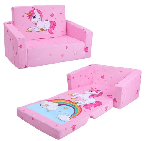 Divano Letto per Bambini 2-in-1 Pieghevole Schienale Poltrona, Comoda Stabile Divano Bambini con Tasca in Stoffa, Divano Pieghevole Leggero Apribile per Camera da Letto, Soggiorno, Unicorno Arcobaleno