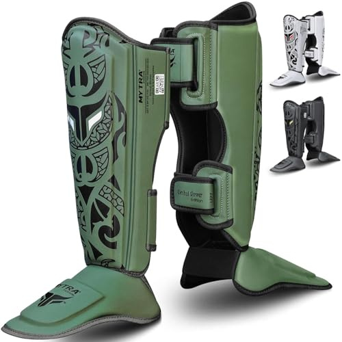 Espinilleras Boxeo Hombre y Mujer Protectores de Espinilla y Empeine con Protección de Espuma EVA, Correas Ajustables y Bandas Elásticas para el Pie Espinilleras Muay Thai & MMA (Verde Oliva, L/XL)