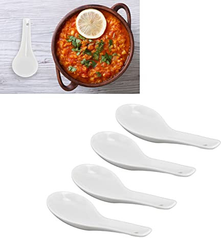 Restokki Cuchara de cerámica, elegante mano de obra de manejo largo cucharas de sopa china set blanca