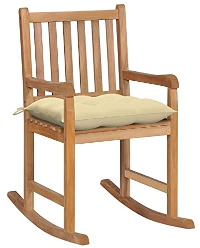 Mecedora de Teca Maciza con Cojín, Silla Mecadora de Jardín Exterior con Estructura Resistente, Diseño Clásico y Comfortable, Sillón Balancín para Terraza o Interior,Blanco Crema, 58x92.5x106 cm