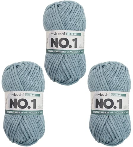 myboshi No.1 Wolle zum Häkeln und Stricken, Schnellstrickgarn, langlebige Mützenwolle, Strickwolle, Häkelwolle, mulesing-frei, 50g, Ll 55m Blau (Eisblau) 3 Knäuel