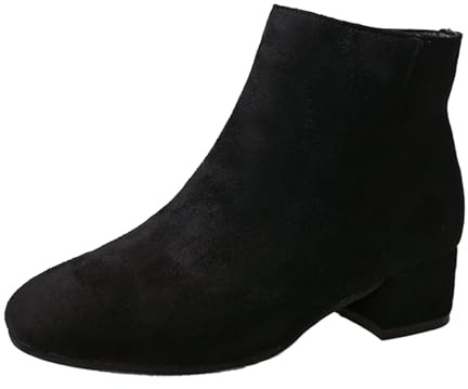 Generisch Short winter boots for women, slip-on boots for women, plain non-slip ankle boots, shoes, women's boots, flat with block heel, warm suede boots, black, 4 UK