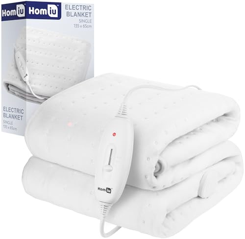 Homiu Electric Blanket Single | Soft Fleece Heated Underblanket, 3 Heat Settings & Fast Heating| Energy Efficient Bed Warmer, Overheat Protection | Auto Shut-Off & Machine Washable | 135×165 cm