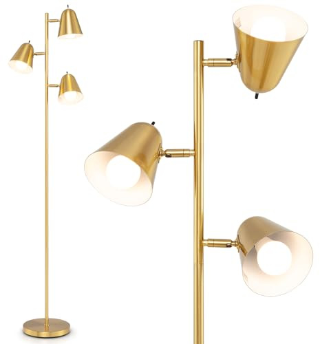RELAX4LIFE 163 cm Stehlampe Wohnzimmer, 3-flammige Standleuchte mit 360° verstellbaren Lampenschirmen & schweren Sockel, inkl. 3 E27 Glühbirnen, Hohe Leselampe für Ecken, Büros, Schlafzimmer (Golden)