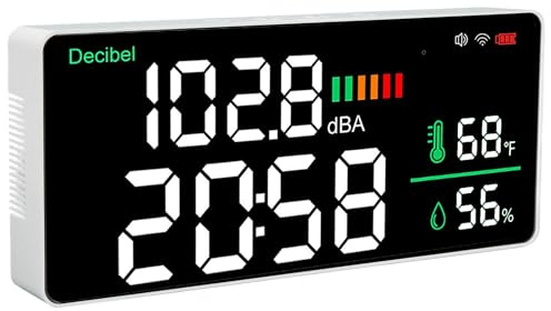 Fauitay Medidor de Decibelios LED Medidor de Nivel de Sonido 11 Pulgadas 4 en 1 con WiFi 2.4G Brillo Ajustable para la Aplicación Ruido Termómetro Higrómetro Reloj