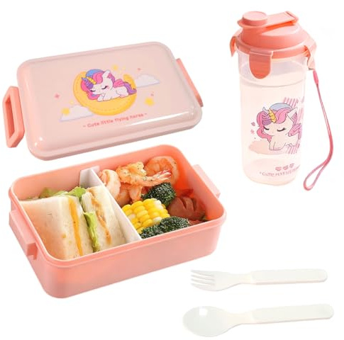 Ruayia Auslaufsichere Brotdose Set Kinder, mit Pop-up Trinkflasche & Lunch Box, Bento Box für Mädchen und Jungen, Brotbox Snackbox für die Schule und unterwegs - Rosa