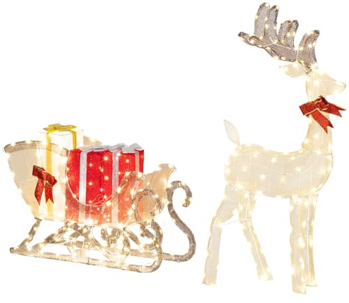 Outsunny LED Rentier mit Schlitten und Geschenkboxen für Außen & Innen