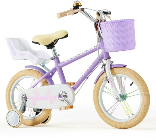 HOMMOW Kids Bike for Girls Boys Ages 3-12 Years, 12 14 16 Inch Kids Bike with Training Wheels, Streamers, Basket and Doll Seat, Children Bicycles with Dual Brake System, Multiple Colors
