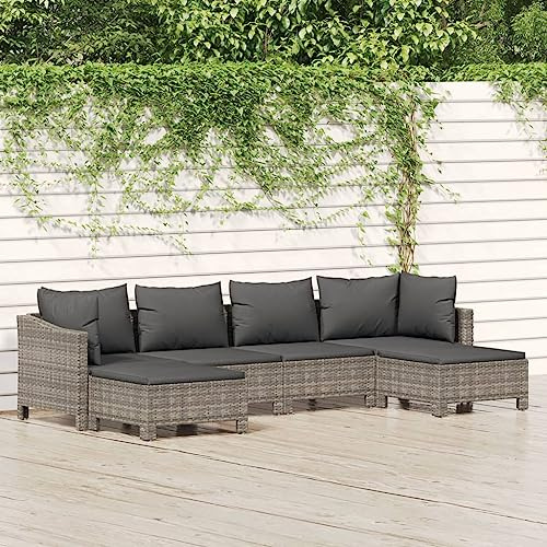 YuuSsea 6-TLG. Trädgårdslounge-set, grå poly rotting, modulär design, väderbeständig, med kudde, utomhusmöbler, för terrass och balkong