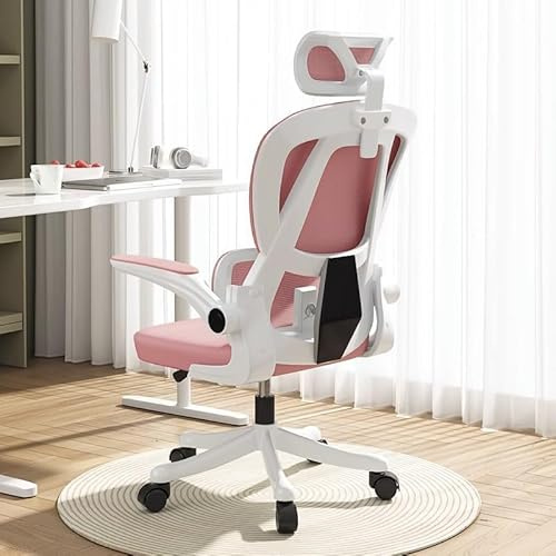 HDHNBA Office Chair Mesh Desk Chair,Ergonomic High-Back Rolling Gaming Work Chairs with Wheels and Adjustable Headrests,Comfortable Flip-up Arms for Home,Bedroom,Study Gaming(Pink)