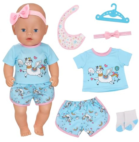 6 Stück Puppenkleidung für 30-45 cm Baby Puppen, Blau Schaf Tiermotiv Puppenzubehör Kurzärmeliges und Shorts mit Lätzchen Kleiderbügel Socken Haarbänder für 14-18 Zoll Puppen