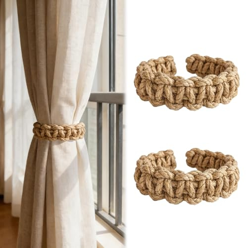 Embrasse Rideau sans Percage Lot de 2 en Corde Tressée Beige, Embrasses Rideaux Bohème, Attache Rideaux Flexible à Former, Pince a Rideaux Décorative pour Salon Chambre, Style Naturel