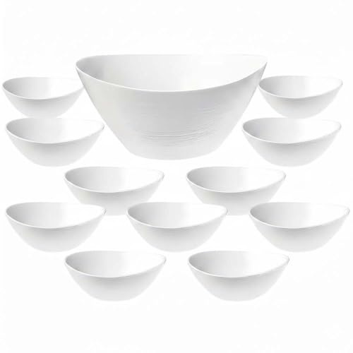 Set 13 Pezzi Macedonia Insalatiera + 12 Coppette in Vetro Opale Bianco ciotole gelato insalata servizio completo in Vetro Temperato Resistente agli Urti e Shock Termici per Casa e HORECA buffet