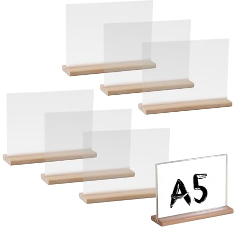 hocadon 6 pièces Présentoirs de Table A5 en Acrylique Porte Affiche | Avec Base en Bois Porte pour Restaurant Hôtel école Bureau Conférence