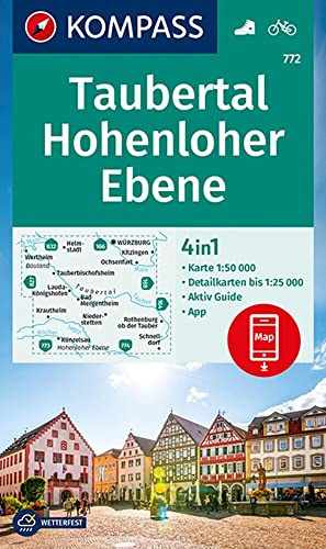 KOMPASS Wanderkarte 772 Taubertal, Hohenloher Ebene 1:50.000: 4in1 Wanderkarte mit Aktiv Guide und Detailkarten inklusive Karte zur offline Verwendung in der KOMPASS-App. Fahrradfahren.