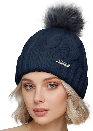 Neverless® Damen Strickmütze mit Fleecefutter und Kunstfell Bommel Zopfmuster Grobstrick Wintermütze Bommelmütze Model 2207