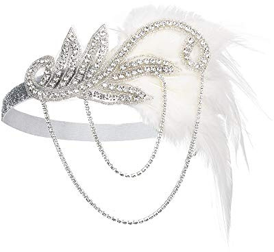 JISEN 1920er Jahre Flapper Vintage Pfauenfeder Gatsby Perlen Quaste Kopfschmuck, Typ 3, Silber, One Size (Pack of 1)