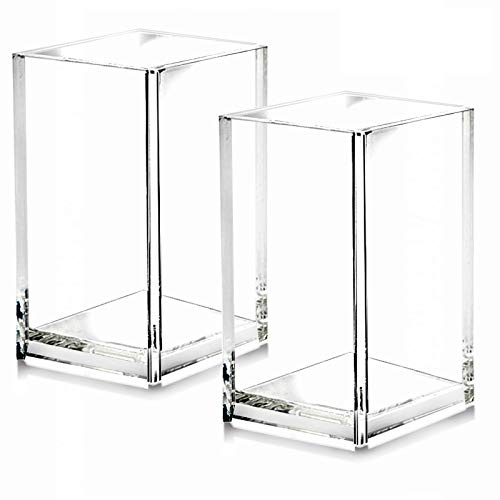 2 Pack Clear Acrylic Pencil Pen Holder Cup,Desk Accessories Holder,Makeup Brush Storage Organizer,Modern Design Desktop Stationery Organizer for Office School Home Supplies,2.6x 2.6x 4 inches