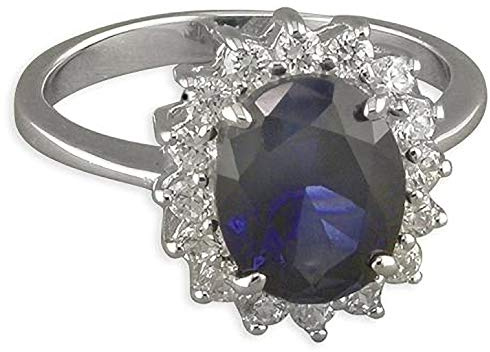 Bague de fiançailles pour femme en argent sterling avec saphir synthétique bleu et zircone cubique blanche (ZC) ovale en grappe – Réplique MEDIUM de la bague Kate Middleton/Princesse Diana/The Royal