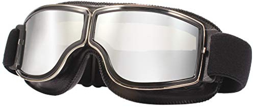 Ashilun Retro Pilot Motorradbrille beschlagfrei Warm Reitbrille ATV Bike Motocross Brille Schutzbrille (Schwarzer Rahmen + Silberfarbene Linse)