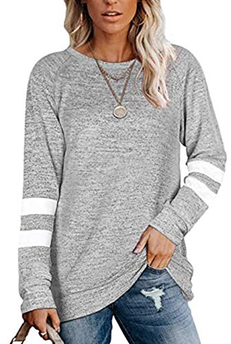 Famulily Striped Tops Women Plus SizeLong Sleeve Oversized Sweatshirts Women Baseball Top Grey 2XL