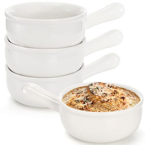 TOPZEA Set of 4 French Onion Soup Bowls with Handles, 15 Ounce Ceramic Soup Crocks Individual Serving Bowl for Soup, Beef Stew, Chilli, Cereal, Pot Pies, Microwave and Oven safe, White