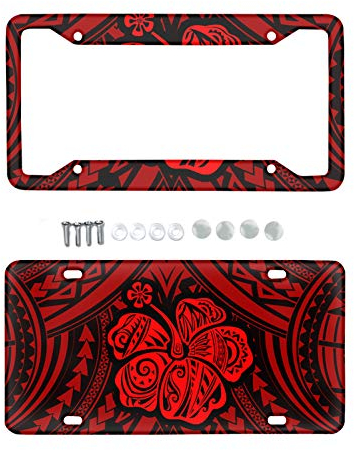 SEANATIVE Universelles Kfz-Kennzeichen-Rahmen-Set mit polynesischen Stämmen, Plumeria-Druck, hawaiianischer Stil