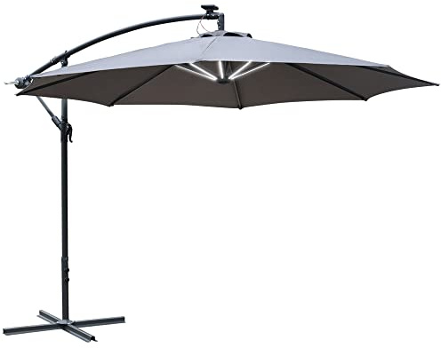 Outsunny Ombrellone da Giardino Ø3x2.5 m a Braccio con Manovella e 8 Strisce LED a Energia Solare, Grigio