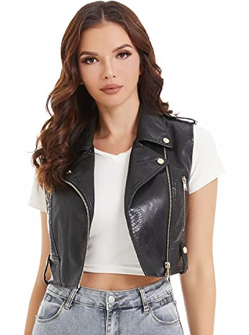 DIASHINY DASHINY Chaleco de cuero de piel de serpiente de imitación negro para mujer Solapa sin mangas Short Moto Slim PU Chaleco 063 L