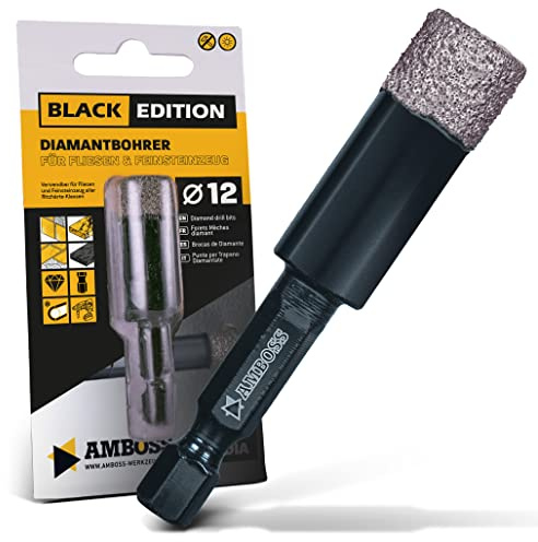 Fliesenbohrer Ø 12 mm/Sechskant Aufnahme - Amboss Black Edition Diamantbohrer - Fliesen/Feinsteinzeug/Keramik/Granitplatten - passend für Bohrmaschine/Akkubohrer
