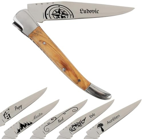 Ocadeau Couteau de poche avec manche en Olivier personnalisé gravé – Couteau pliant avec gravure texte sur la lame – Couteau personnalisé & Idée cadeau homme personnalisé