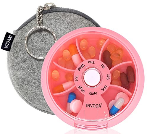 INVODA Pillenbox, Reise-Pillen-Förmchen, wöchentlich, niedlich, rund, Pillenbox, Geldbörse, Pillenbehälter, tragbar, kleine Medikamenten-Organizer (rosa + Tasche)