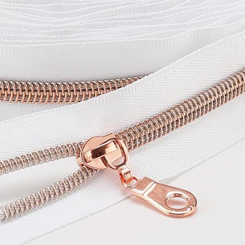 Sawoake 9m Bulk Zipper, (#5) Reißverschlüsse zum Nähen, White Nylon Coil Zipper mit Rose Gold zähnen, Ersatz Nähreißverschluss mit 10PCS Reißverschluss Sliders(#5 White Rose Gold)