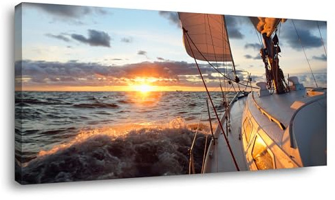 Yacht Sailing in Sea at Sunset Scenery Canvas Wall Art for Living Room Bathroom,Close-up View of Deck Mast Sails Picture Print Artwork Painting Decor,Epic Seascape Scenic Landscape,Inner Frame 30x60