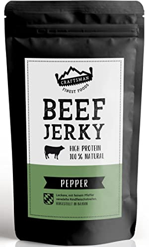 Craftsman Beef Jerky Pepper 250g | 100% Natürlich | Ohne Zucker | Aus Deutschland - Bayern | 100% Rind | High Protein 68% | Trockenfleisch Pfeffer Großpackung