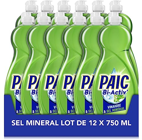 PAIC - Liquide Vaisselle Main BI-ACTIV' Sel Minéral - Nettoie - Dégraisse - Lot de 12 flacons de 750mL