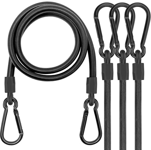 Spanngummi mit Karabiner, Expander mit Karabinerhaken 4er Set, 150cm Gepäckspanner schwarz, 100% Latex Gummispanner für Sonnensegel, Tarps, Garten, Fahrrad, Auto, Ladung