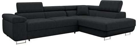 Mirjan24 Ecksofa Torezio Cord, Kopfstützen verstellbar (Poso 135, R) | Komfortable Eckcouch mit Schlaffunktion, Bettkasten, weichem Cordbezug und offener Ottomane