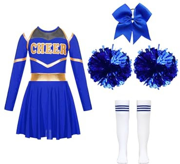 CHICTRY Cheer Leader Kostüm Kinder Langarm Tanzkleid Mädchen Cheerleading Uniform Kleid Mit Schleife Stirnband Pompons Strümpfe Tanzkostüm A Blau 158-164