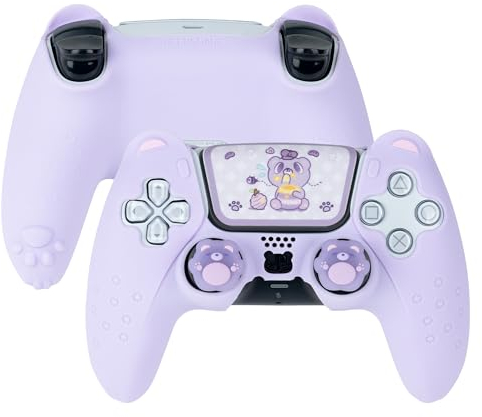 GeekShare Adorable Bear PS5-Controller-Skin-Set, mit 2 Daumengriffkappen und 1 Aufkleber, rutschfeste Silikon-Schutzhülle für PS5 Wireless Controller (Lila)