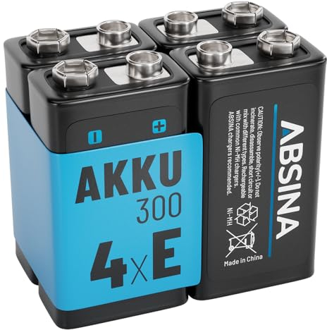 ABSINA 4x Batteria 9V Ricaricabile 300 con bassa autoscarica - Batterie 9V NiMH con 8,4V & almeno 270mAh - Pila 9V, 9V battery, pile 9V, 9V batteria ricaricabile, batteria 6LR61 9V, pila quadrata 9V