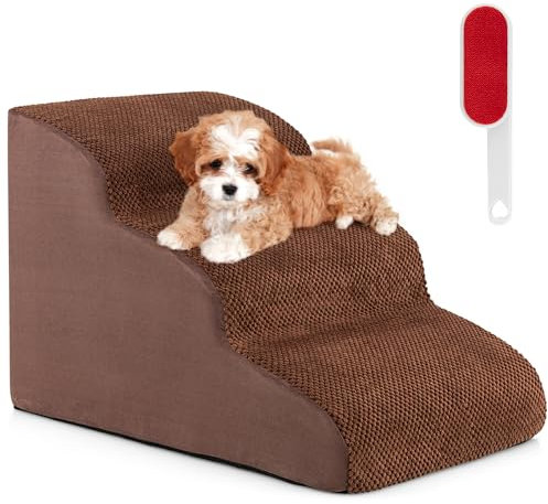 SOARS Hundetreppe 3-Stufig, Haustiertreppe aus Hochdichtem Schwamm, Katzentreppe mit Abnehmbarem, Waschbarem Bezug, rutschfeste Tiertreppe für Sofa & Bett (Braun)