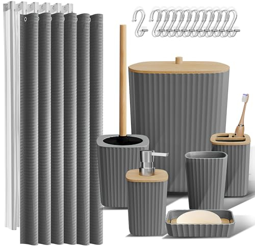Clara Clark Bathroom Accessories Set - Bathroom Accessory Set with Shower Curtain Set, Toilet Brush, Trash Can & Soap Dispenser (Grey, Complete Set)