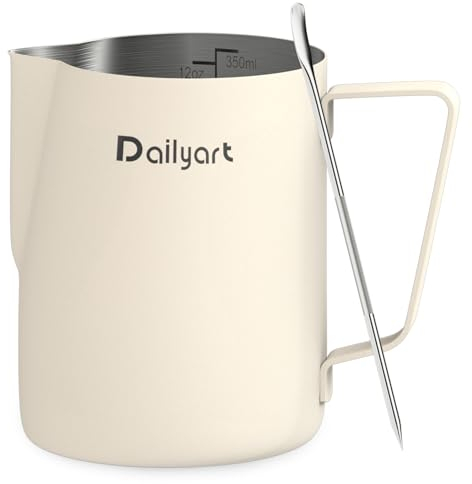 Dailyart Milk Jug 12oz/350ml Food Grade 304 Stainless Steel Milk Frothing Jug, Milk Frother Jug with Latte Decorating Art Pen, Coffee Accessories, Milk Pitcher for Making Latte Coffee Art, Cream White