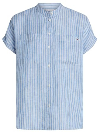 Tommy Hilfiger Damen Bluse Linen Collarless Kurzarm, Blau (Multiple STP/Blue Spell), 40