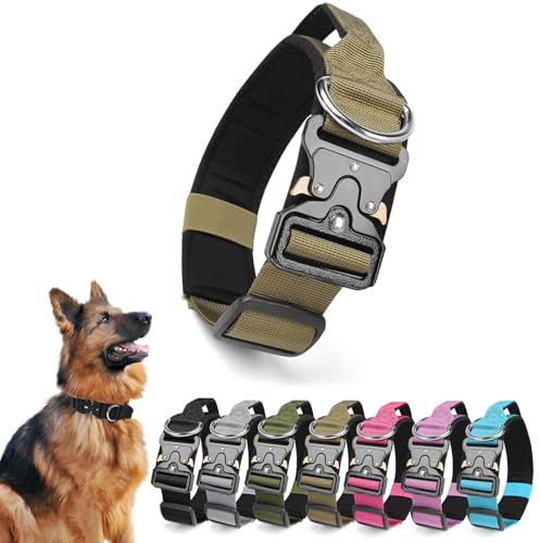 Ledeak Collar Táctico Perro con Mango de Control, Ajustable Resistente Collares para Perros con Hebilla de Metal, Collar Perro de Polipropileno Acolchado (Caqui, L)