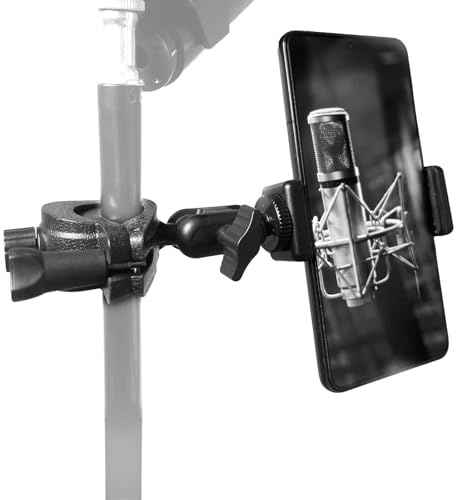 Generic Mic Stand Phone Holder, Adjustable Gooseneck Clip-On for Microphone Stand, Music Drum, Black Metal, Fits Any Smartphone