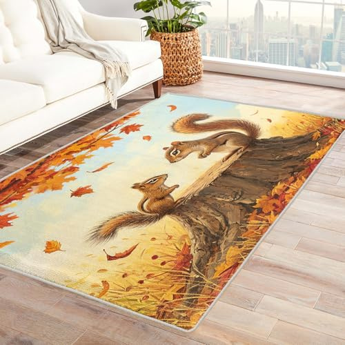 Teppich Babyzimmer Waldtiere - Teppich Wohnzimmer Schlafzimmer Eichhörnchen, Kleiner Teppich Kinderzimmer Wald, Weich Kurzflor & Waschbar & rutschfest Fussmatte Innen, Kinderteppich 80x150 cm
